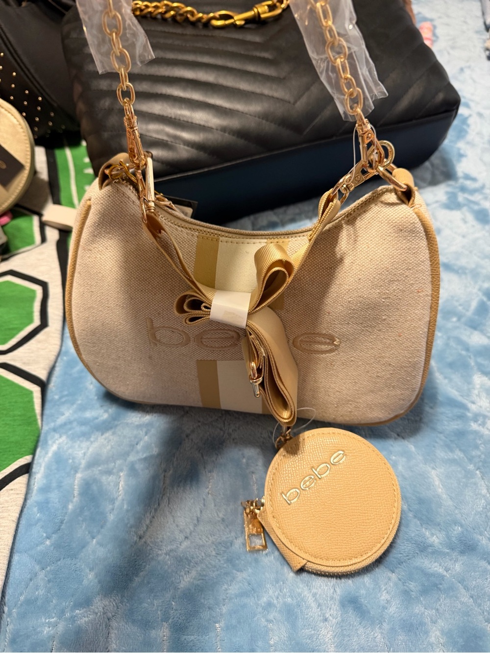 bebe Beige Canvas Shoulder Bag with Gold Chain and Stripe Accent